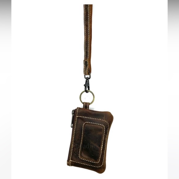 Oak River Brown Black Espresso Leather Lanyard ID Keychain Zippered - Picture 2 of 5